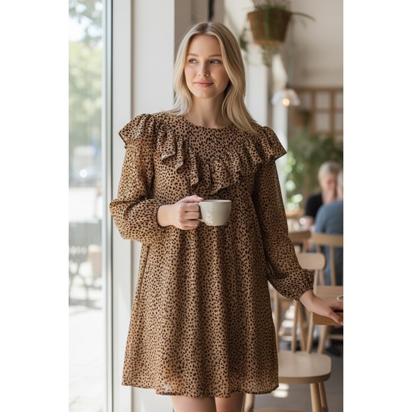 Michelle Mcdowell Dresses & Skirts - Women’s Brown Long Sleeve Ruffle Leopard Print Dress
